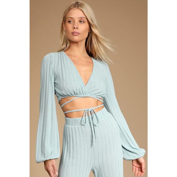 Lulus Vibe Check Ribbed Blue Wrap Crop Top Size Small Balloon Sleeve - Picture 3 of 9